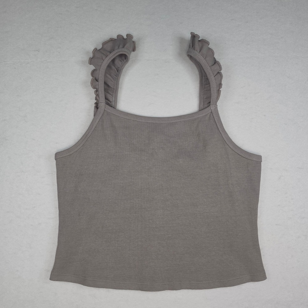 Ces Femme Brown Ribbed Crop Tank Ruffle Straps Square Neck Large